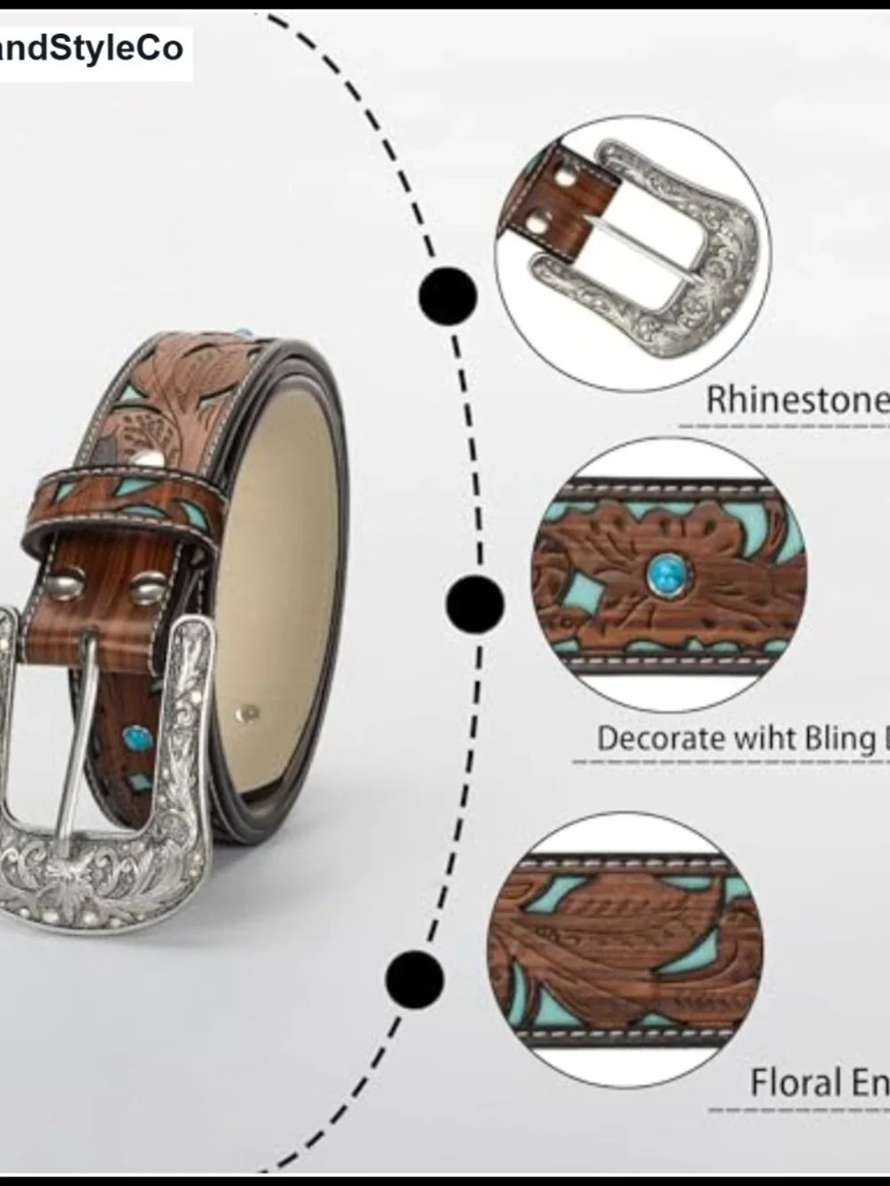 Faux Leather Western Belt with Rhinestone Buckle for Women Unisex